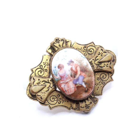 Antique Art Deco Hand Painted Porcelain Courtship Cabochon Pin - Picture 4 of 6